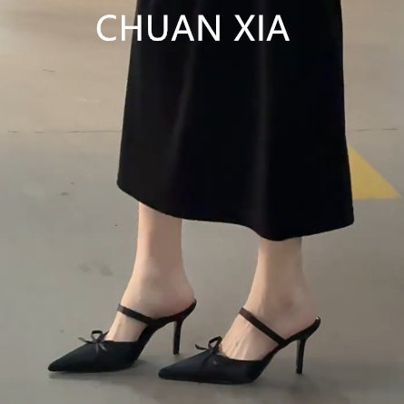 羊皮版~黑色绸缎细跟高跟鞋女法式仙女风尖头凉鞋绝美配裙子单鞋