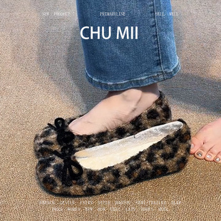 羊皮版~法式羊羔毛加绒单鞋女内增高蝴蝶结玛丽珍鞋豹纹浅口瓢鞋