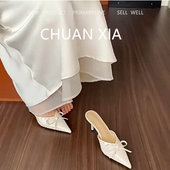 法式 优雅蝴蝶结高跟鞋 女细跟尖头包鞋 羊皮版 一脚蹬真皮包头凉鞋