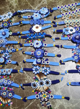 凤凰古城民族风纯手工扎染蓝色布艺铃铛花朵复古手链个性舞蹈手饰