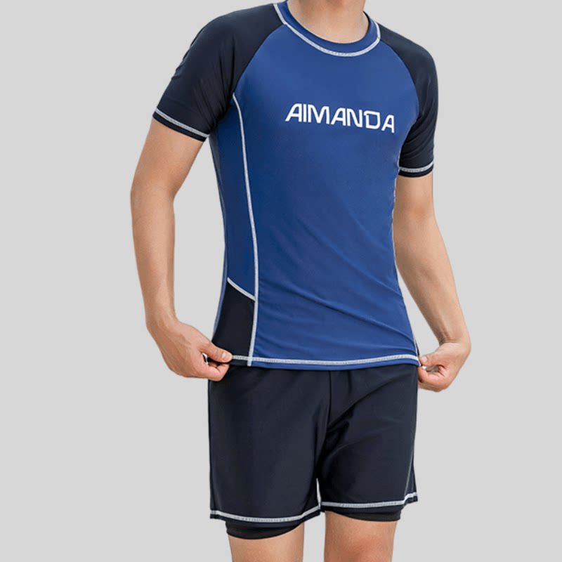 游泳衣男士套装速干衣大码双层防尴尬泳裤200斤宽松温泉沙滩250斤