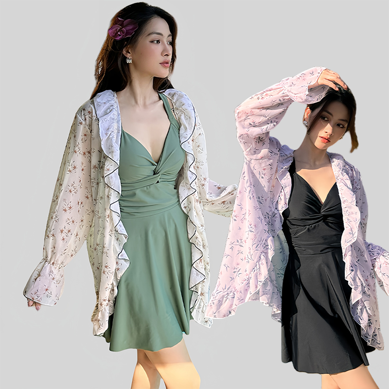 泳衣女大码连体裙式胖mm性感仙女范减龄200斤长袖罩衫泡温泉泳装