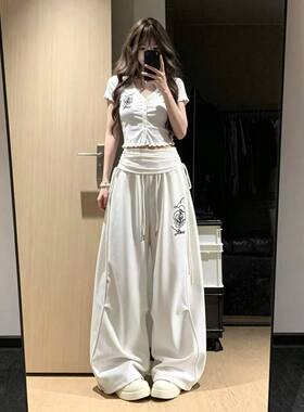 嘻哈玫瑰印花高腰抽褶阔腿裤女