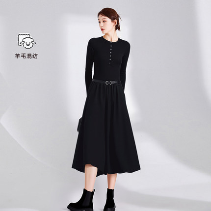 高腰显瘦针织连衣裙女2025秋冬新款法式收腰长款花苞裙两穿V领