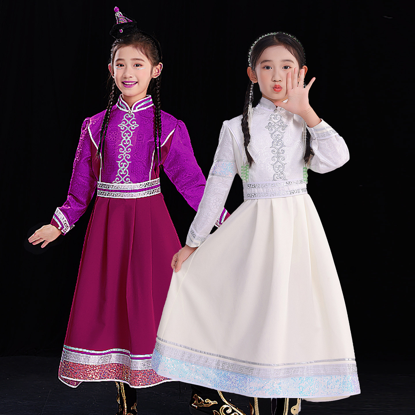 蒙古族舞蹈演出服女儿童蒙族女孩蒙古袍元旦演出服蒙族日常生活装