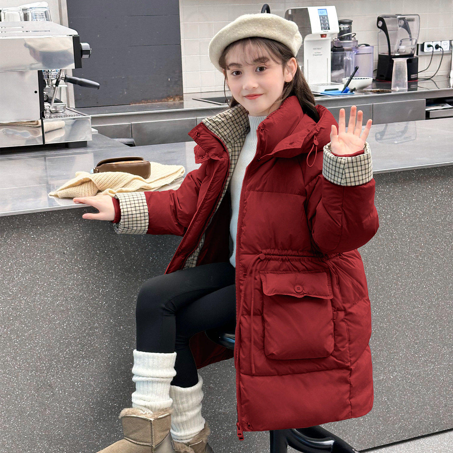 女童中大童2025冬季新款红色年服中长款羽绒棉服洋气棉袄收腰外套