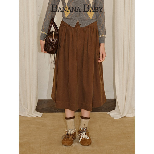 【100%棉】BANANA BABY2025年冬季新款复古灯芯绒伞裙女A字长半裙