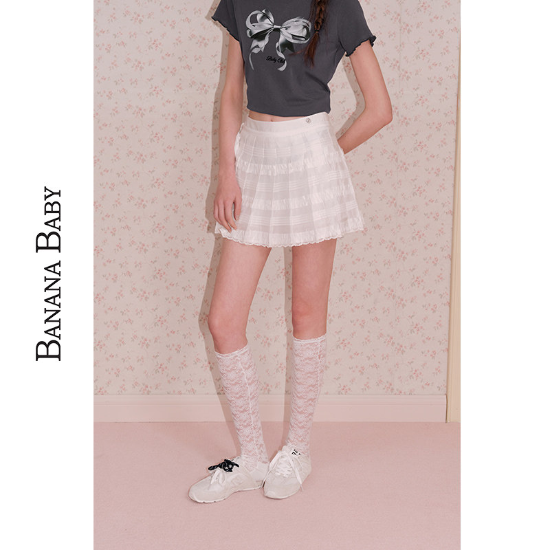 BANANA BABY2025年夏季新款甜美少女风百褶裙女高腰拼接系带短裙