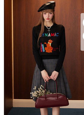BANANA CICI2025年冬季新款原创BC猫咪系列提花长袖套头针织衫女