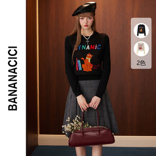 BANANA CICI2025年冬季新款原创BC猫咪系列提花长袖套头针织衫女