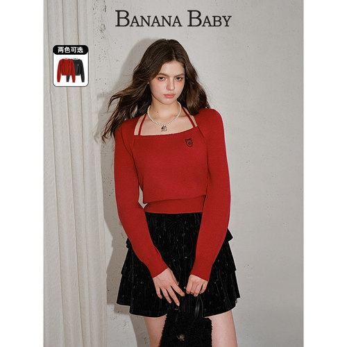 BANANA BABY2025年冬新款甜美小性感假两件挂脖系带针织衫女小众