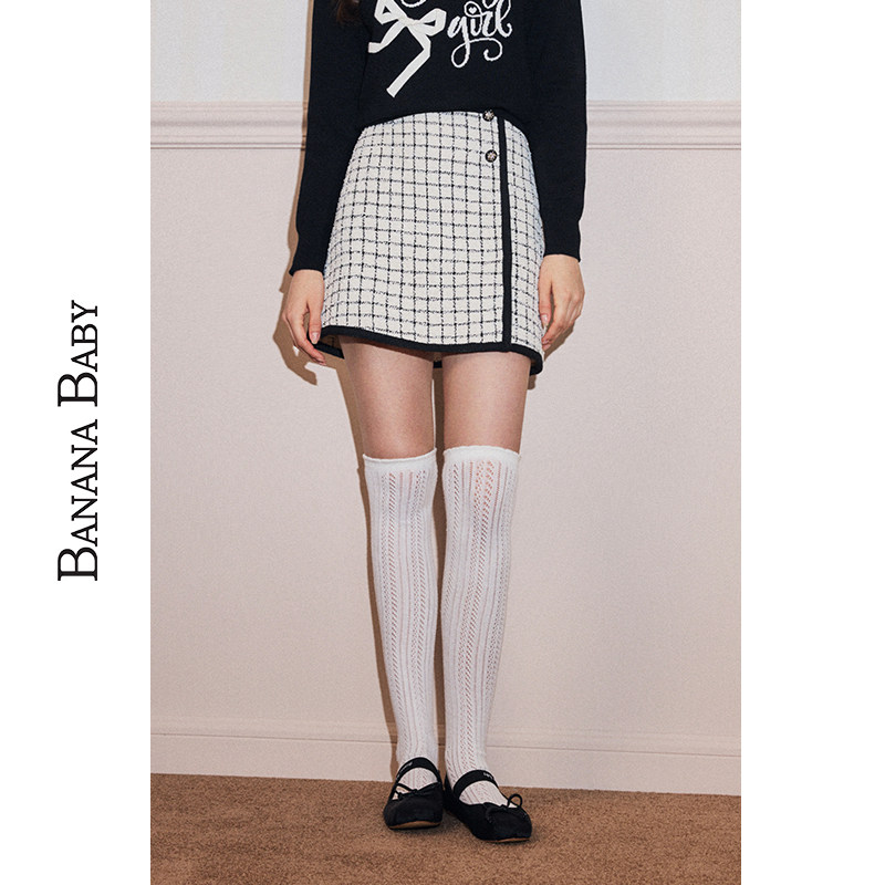 BANANA BABY2025年冬季新款高腰小香风黑白格纹半身裙女A字短裙子,女装/女士精品,半身裙,淘宝优惠券,粉丝福利购,淘宝优惠卷