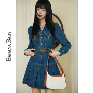香蕉宝贝清仓特卖夏秋新款 牛仔连衣裙女复古polo领高腰百褶短裙子