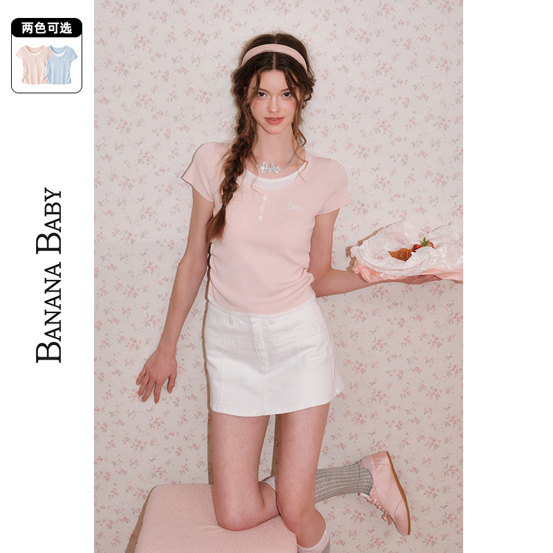 BANANA BABY2025年夏新款甜美假两件撞色薄针织衫女显瘦短袖上衣