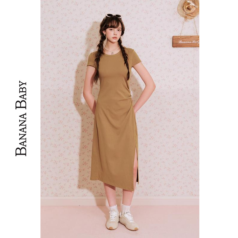 BANANA BABY2025年特惠清仓抽褶收腰连衣裙女后背镂空中长裙A字裙