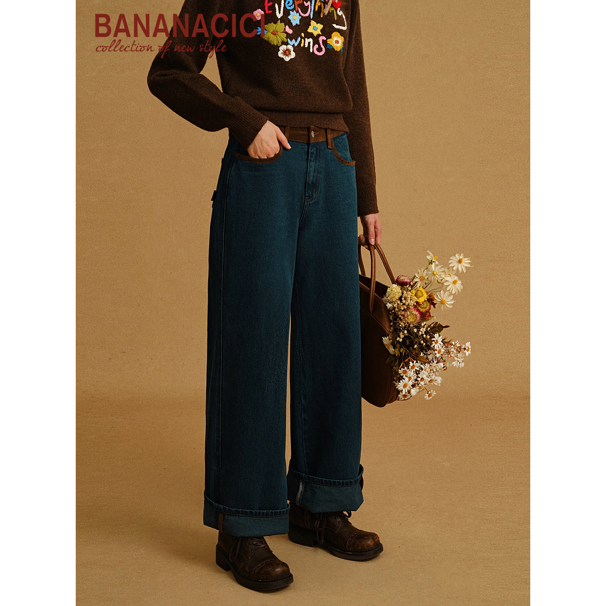 BANANA CICI2025年冬季新款复古拼接麂皮撞色中腰阔腿卷边牛仔裤,女装/女士精品,牛仔裤,淘宝优惠券,粉丝福利购,淘宝优惠卷
