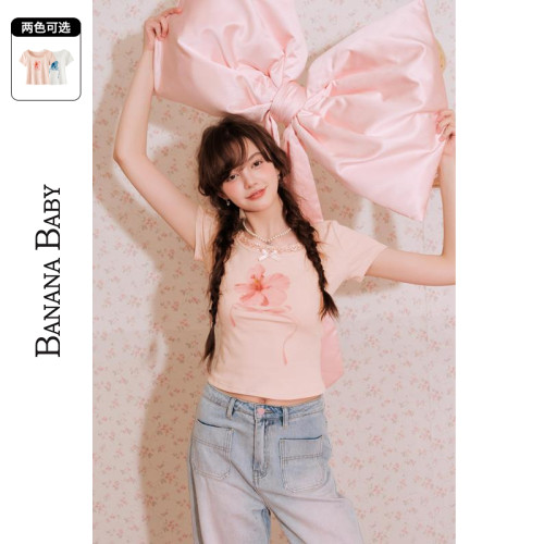 【扶桑花】BANANA BABY2025年夏新款miu系T恤女蕾丝拼接印花短袖