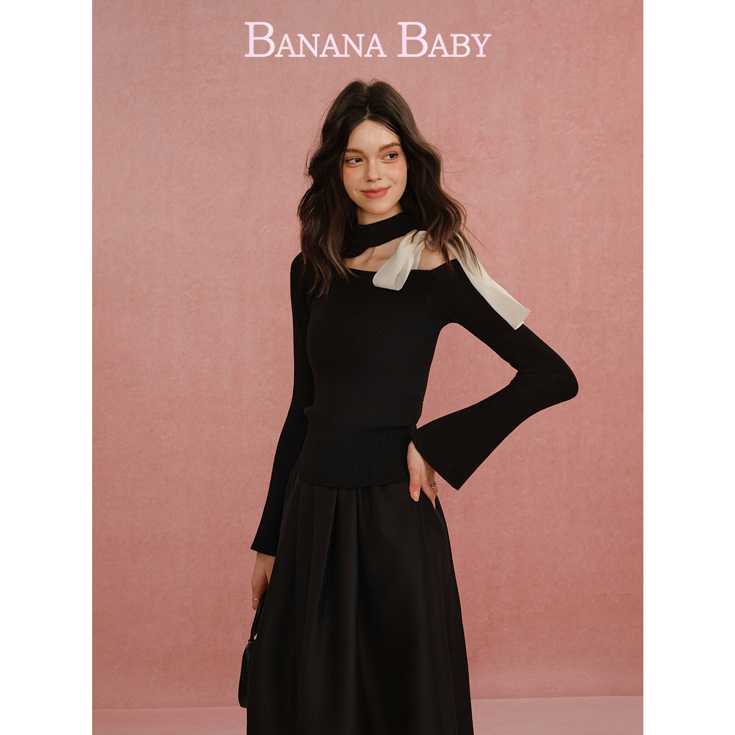 BANANA BABY2026年春季新款千金感露肩蝴蝶结系带针织衫女长袖