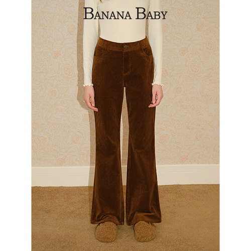 BANANA BABY2025年冬季新款复古灯芯绒微喇裤女高腰刺绣休闲长裤