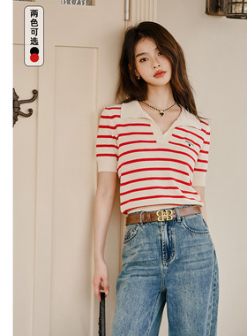 复古polo领条纹T恤女撞色