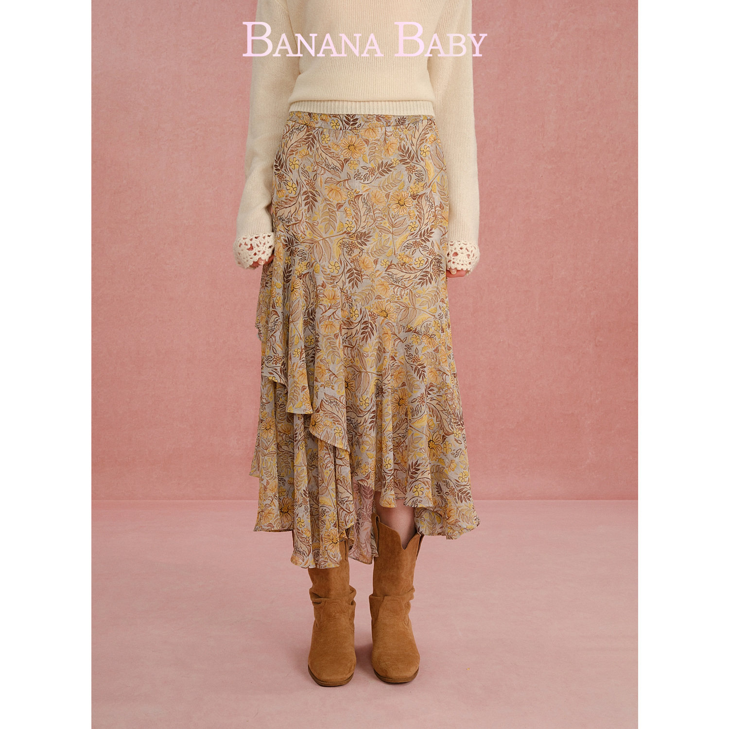 BANANA BABY2026年春季新款度假风印花不规则荷叶边雪纺中长裙女