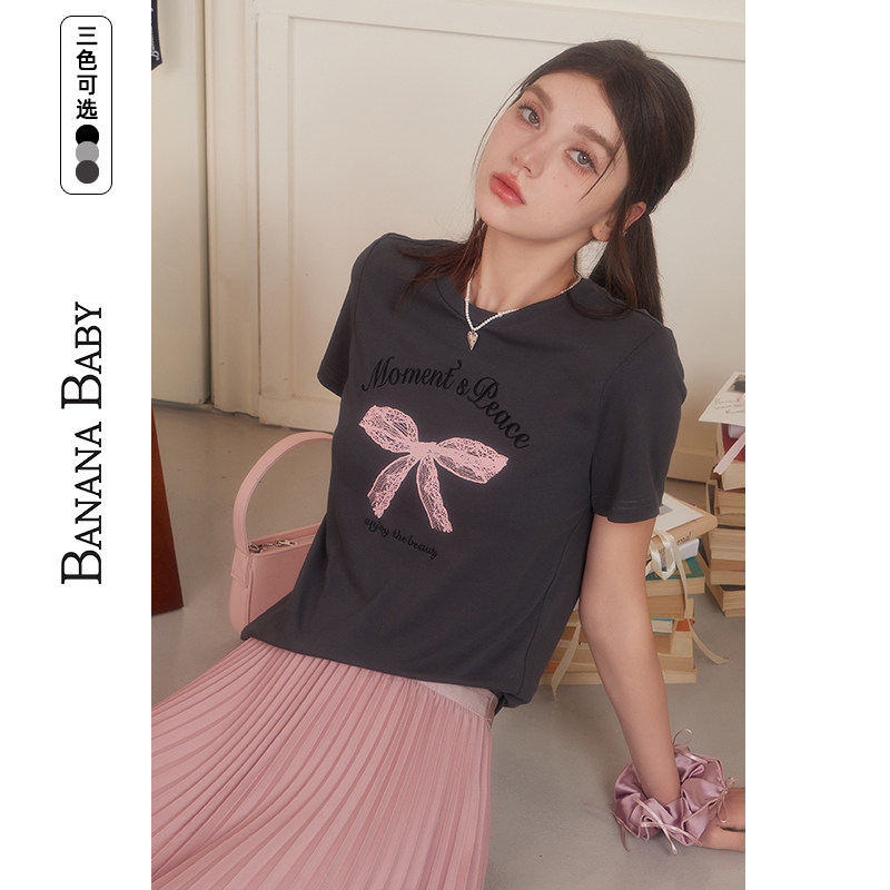 BANANA BABY2025年夏季新款字母刺绣蝴蝶结印花T恤女圆领短袖