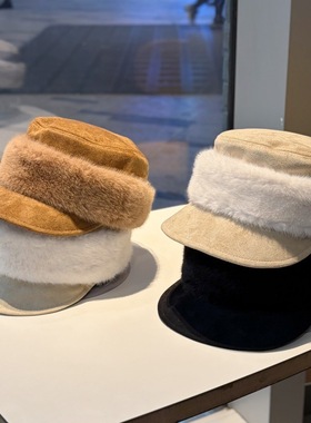 秋冬季复古麂皮绒鸭舌帽子女新款百搭显脸毛绒保暖时尚洋气马术帽