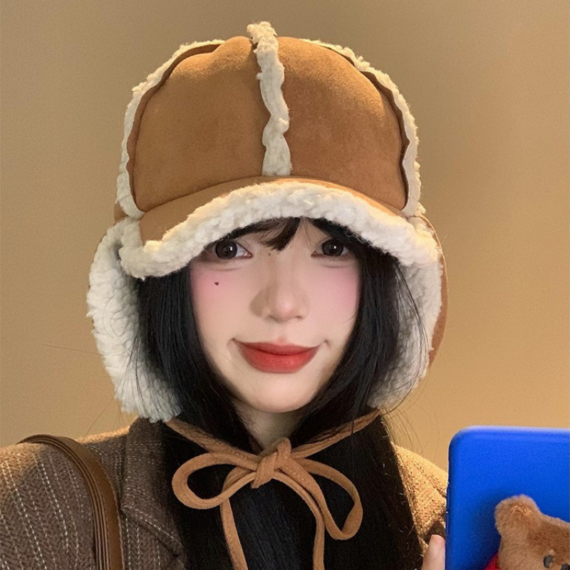 麂皮绒护耳帽子女秋冬季骑车防寒