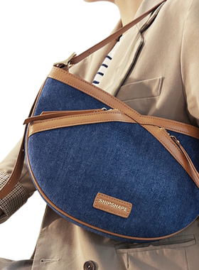 SHIPSHAPE马鞍包女包秋冬新款小众设计牛皮拼接牛仔布质感斜挎包