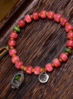 天然满血骆驼骨文玩手串桶珠单圈老型珠玛瑙配饰藏式复古手链女