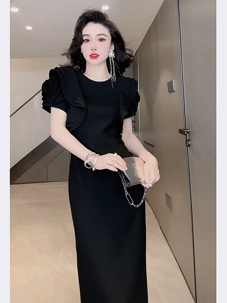 SHOPPING MALL CABINET WITHDRAWAL WOMENS SUMMER HIGH-END LIGHT LUXURY TEMPERAMENT HIGH-END FRENCH FORMAL OCCASION WAIST BLACK DRESS