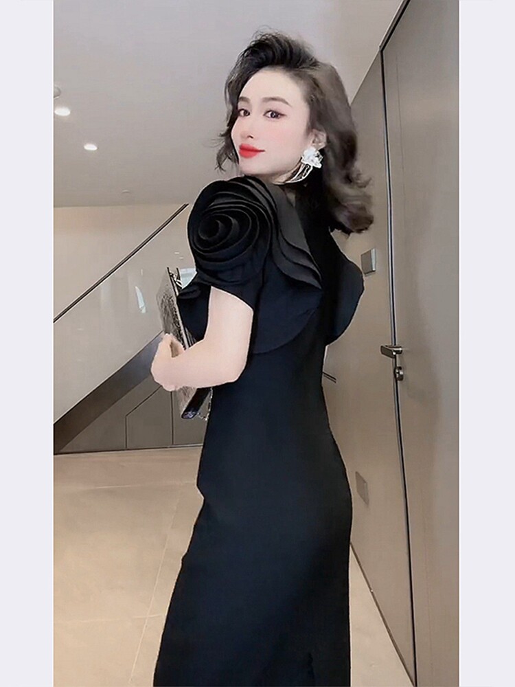SHOPPING MALL CABINET WITHDRAWAL WOMENS SUMMER HIGH-END LIGHT LUXURY TEMPERAMENT HIGH-END FRENCH FORMAL OCCASION WAIST BLACK DRESS