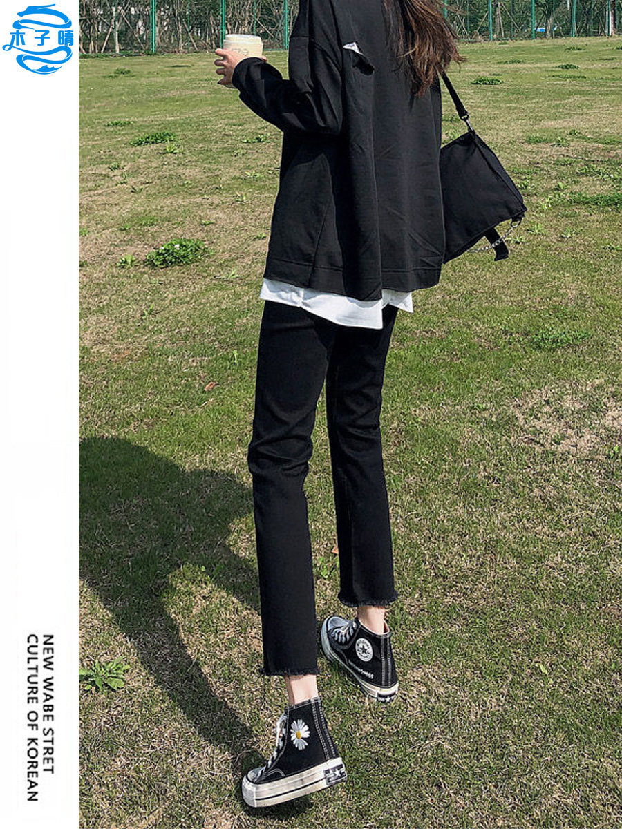 黑色烟管直筒牛仔裤女2026春秋季新款弹力高腰显瘦小个子九分裤子