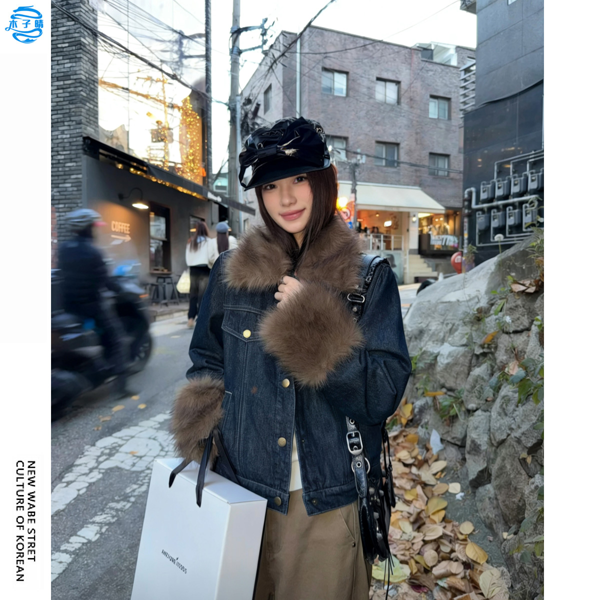 古铜做旧毛毛领加厚牛仔短外套女