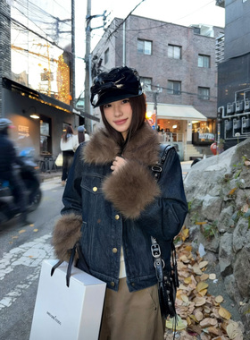 古铜色做旧高级感毛毛领牛仔外套女2025冬季新款加厚短款棉服上衣