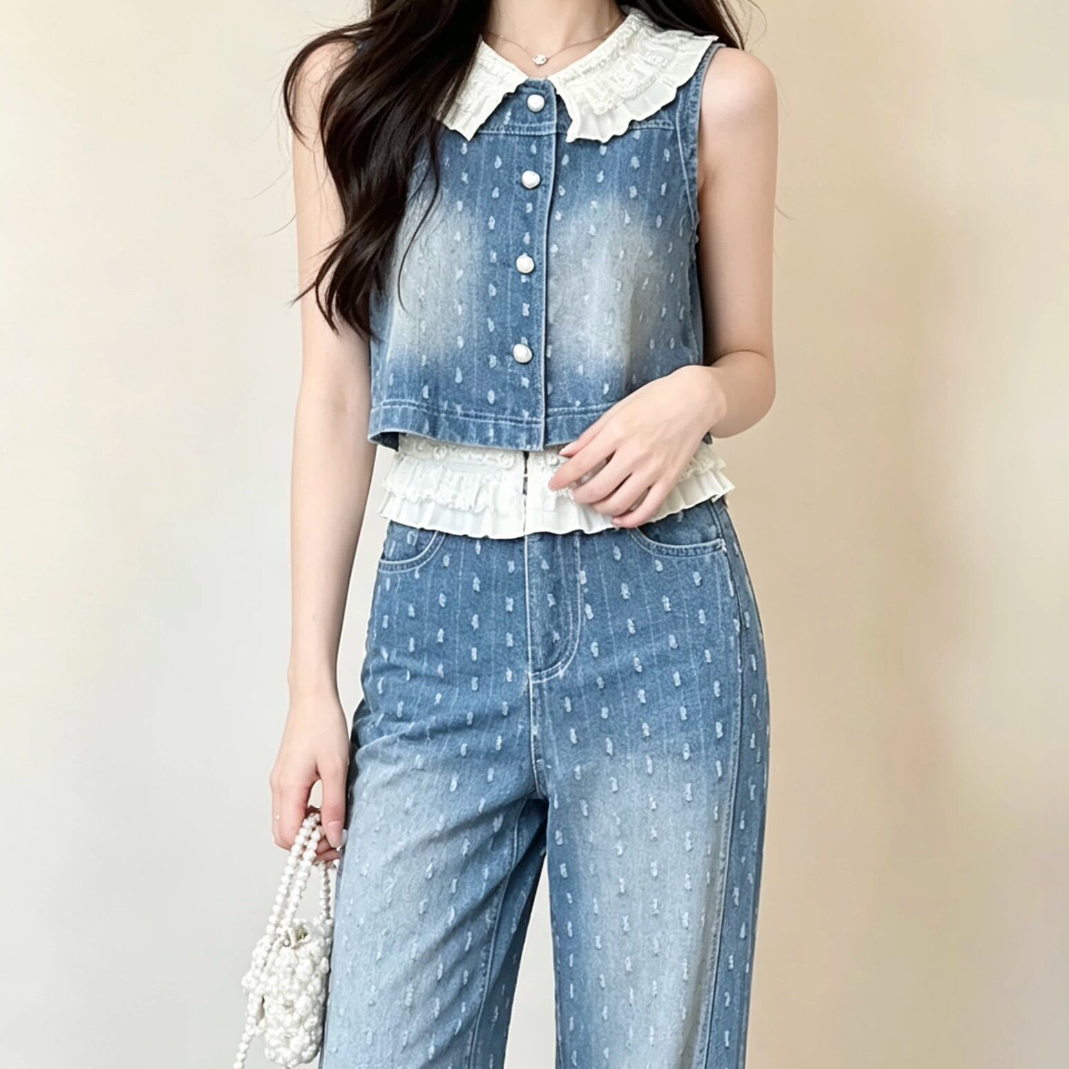 复古蕾丝拼接牛仔马甲女夏两件套