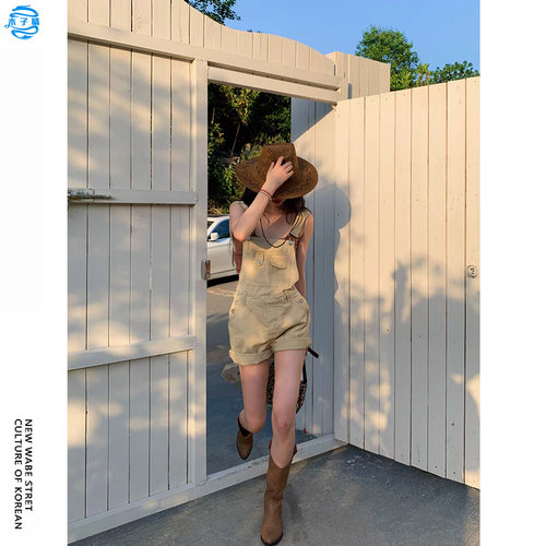 网红收腰工装卡其色牛仔背带裤女