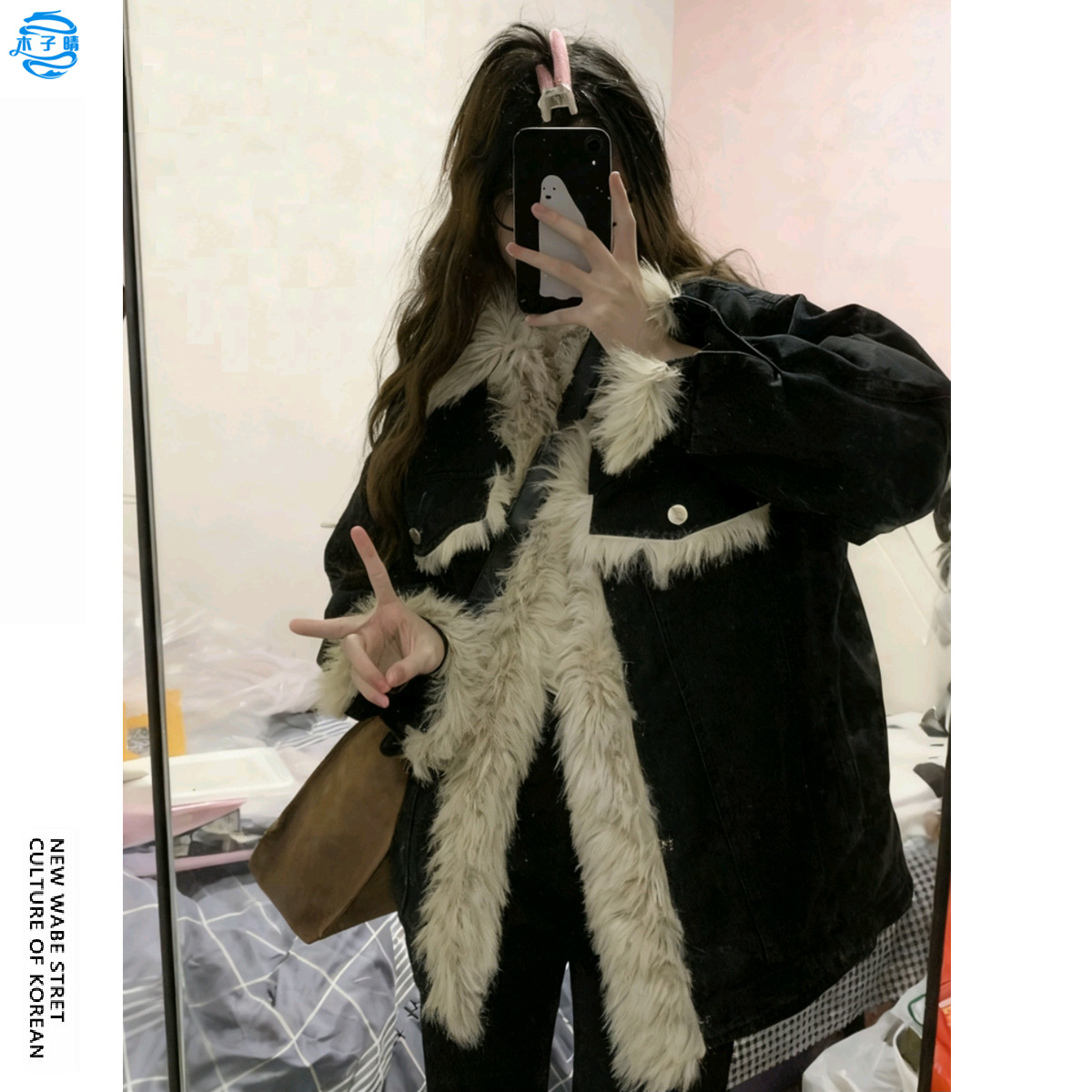 黑色拼接毛毛小众设计感牛仔外套女冬季小个子宽松羊羔毛上衣棉服