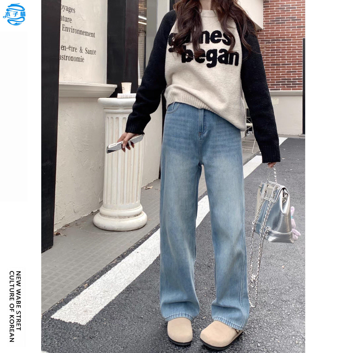 美式高街复古浅蓝高腰直筒牛仔裤女小个子秋冬季穿搭拖地阔腿裤子