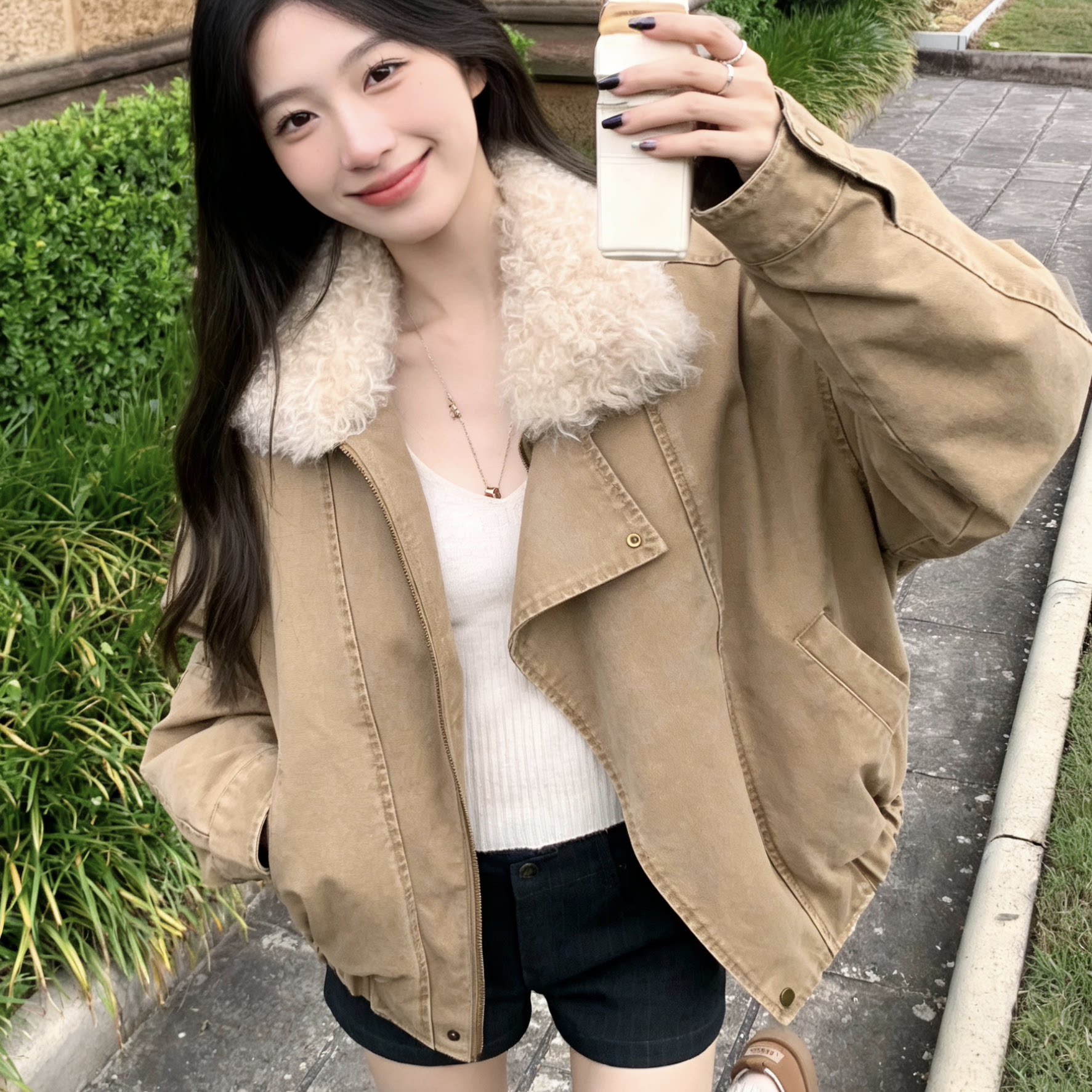 卡其色复古重工水洗毛毛领外套女冬季保暖宽松小个子夹克派克服潮