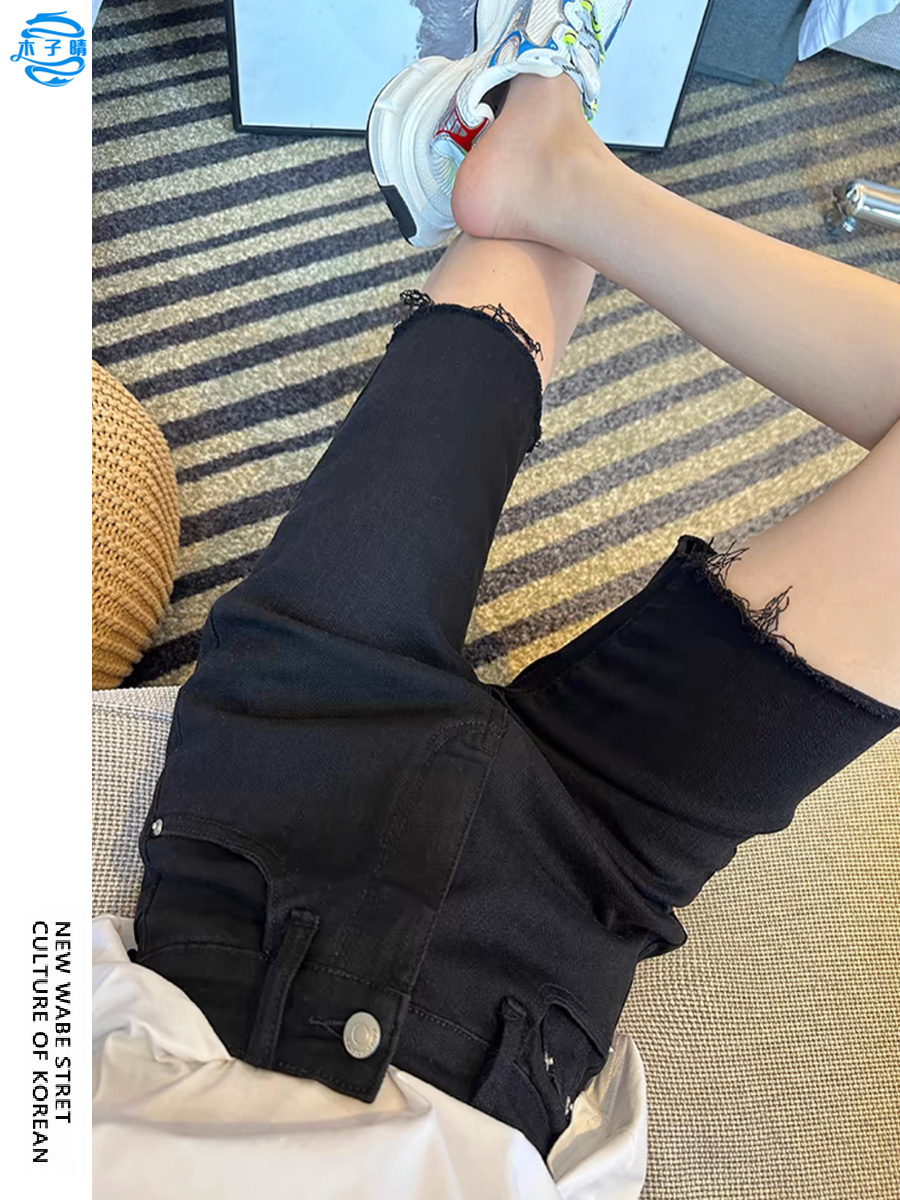 黑色牛仔短裤女夏小个子毛边半裤修身弹力中裤五分裤外穿骑行裤子
