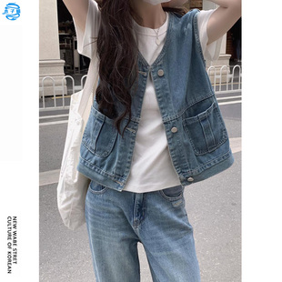 复古时髦洋气百搭叠穿牛仔马甲女春秋小个子修身显瘦短款无袖外套