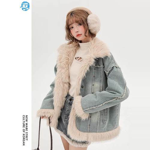 小众设计感冬季牛仔羊羔绒外套女