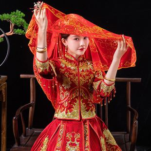 红盖头2022新款蒙头巾秀禾服喜帕出嫁中式婚礼结婚红色新娘软头纱