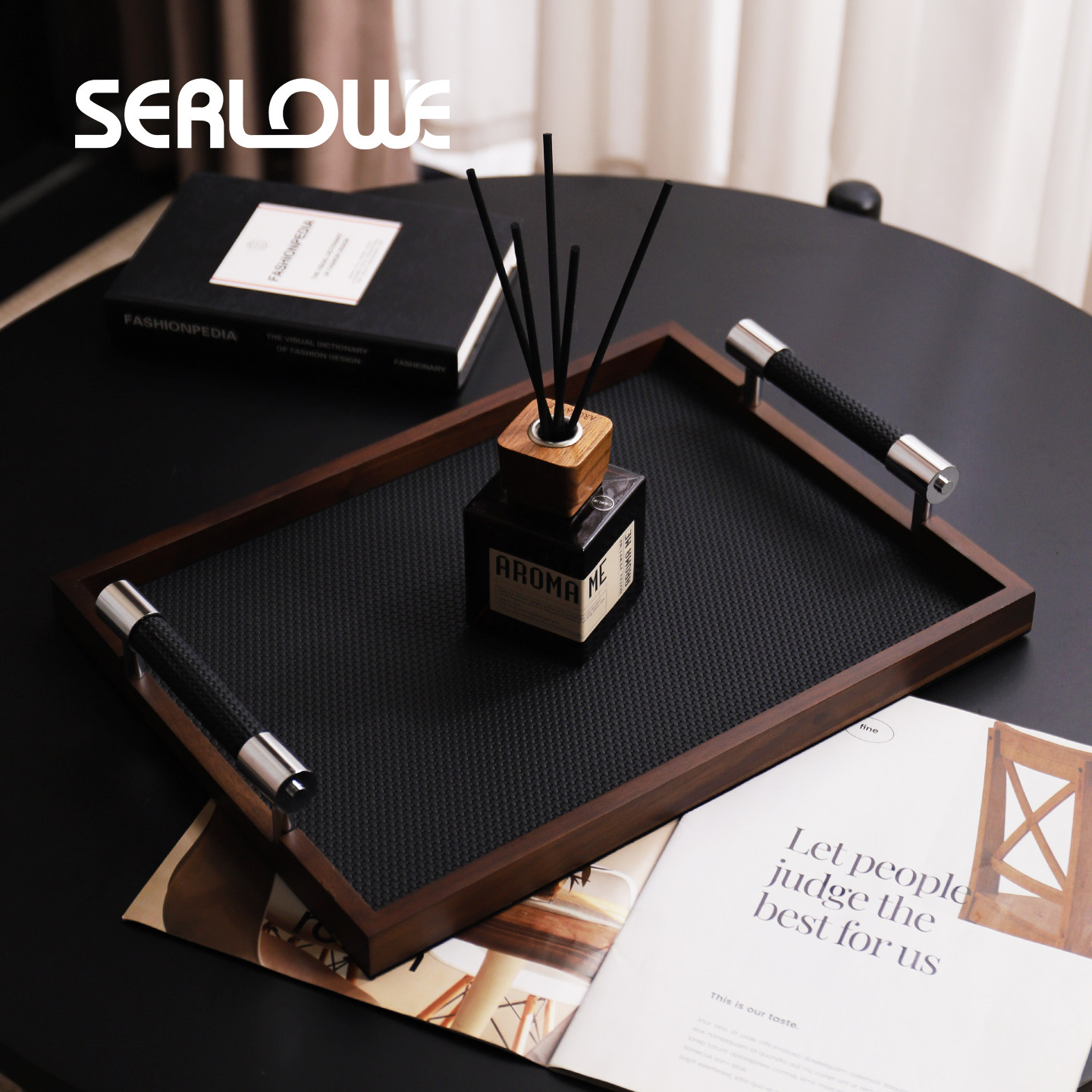 胡桃木编织皮革托盘高级轻奢首饰收纳香薰蜡烛长方形收纳盘摆件