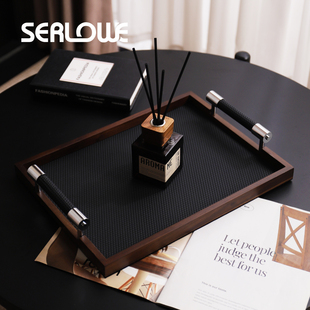 胡桃木编织皮革托盘高级轻奢首饰收纳香薰蜡烛长方形收纳盘摆件