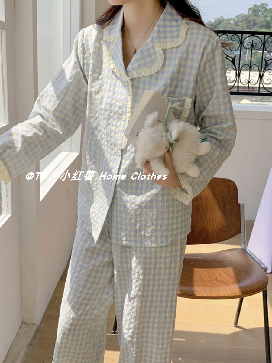 여성 봄 가을 긴팔 바지 인터넷 연예인을 위한 한국어 INS 달콤한 간단한 격자 무늬 잠옷은 집 밖에서 입을 수 있습니다 옷 세트