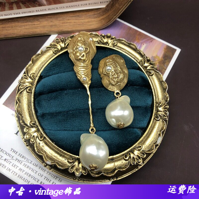 欧美复古风回流做旧金耳环左右面