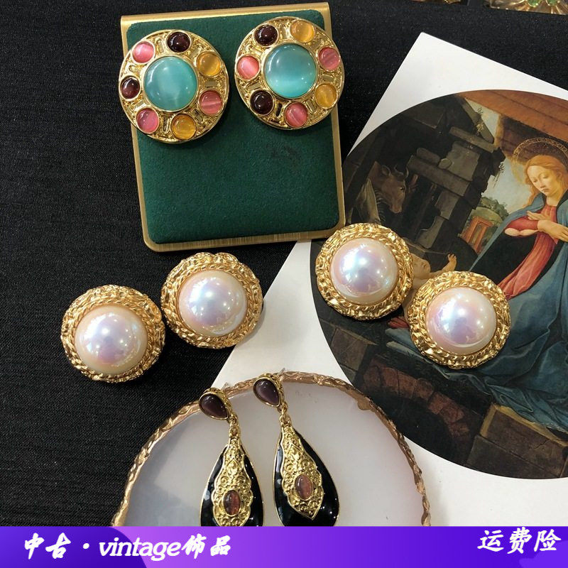 现代复刻电镀真金银针耳钉彩色猫眼马彩贝珍珠耳钉耳夹