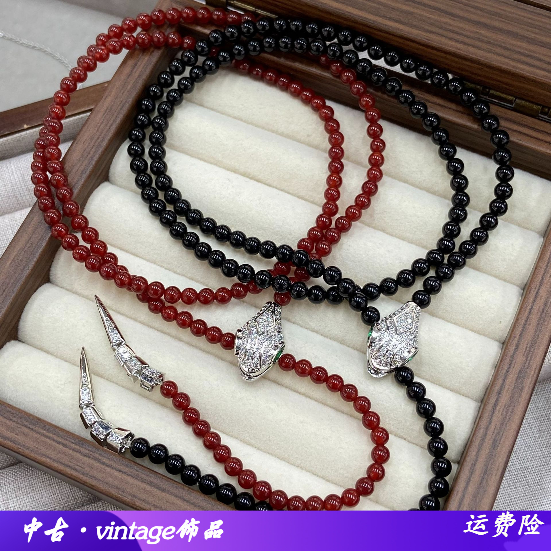 韩系黑红色圆珠红黑玛瑙项链女蛇